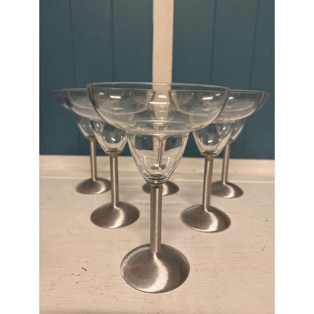 Vtg Set of 6 Modern Pewter Steel and‎ acrylic Margarita Coupe Glasses